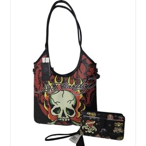 Ed Hardy Black Flame Skull Tote Bag & Zip Around Phone Wallet NWT